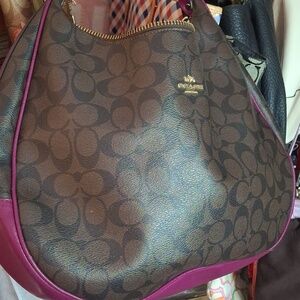 COACH NY BROWN MAGENTA COATED CANVAS LEATHER LARGE HOBO BAG